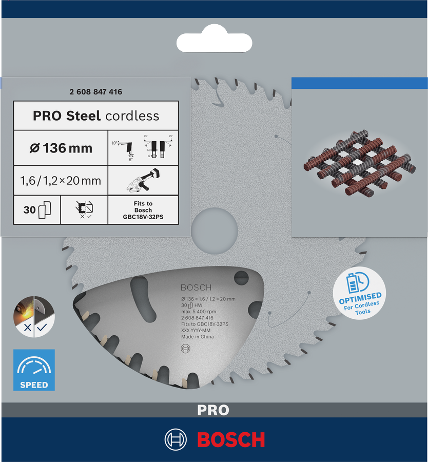 Akumulátorový kotouč pro řezání betonářské oceli Bosch PRO Steel 136 mm.